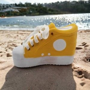 Yellow Sneaker Saver Ceramic Coin Bank with Real Lace Hand Painted Hand Sculpted